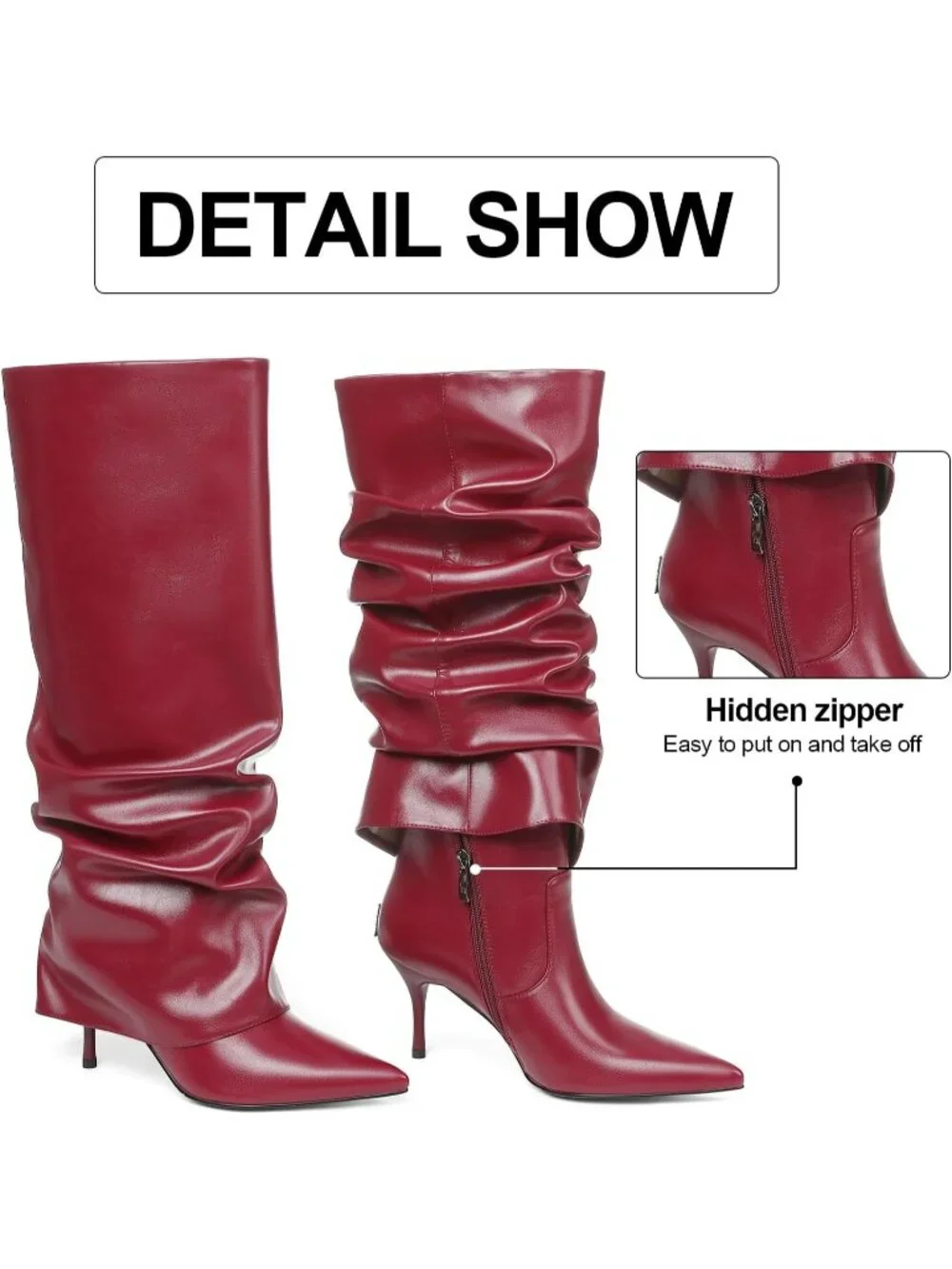 Women's Red Fold Over Point Shark Side Slouchy Hidden Zipper Knee High Boots